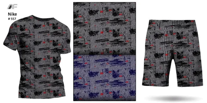 A grey fabric with red abstract designs from Amrita Fashions, perfect for creating unique clothing.