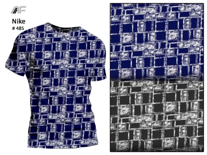 Abstract artistic fabric design by Amrita Fashions featuring a dynamic pattern in shades of blue and white