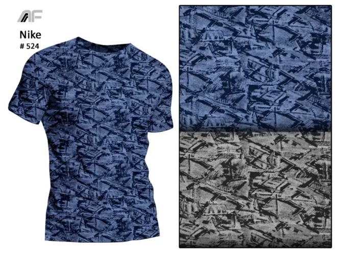 A fabric featuring an intricate abstract pattern in shades of blue and grey designed by Amrita Fashions