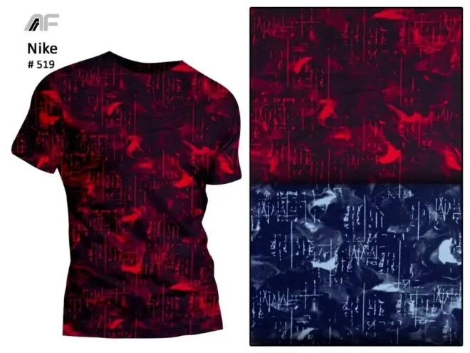 A fabric featuring an intricate abstract pattern in shades of red and blue, designed by Amrita Fashions.