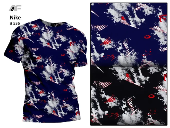 A dark blue fabric featuring an abstract splash design with red and white accents designed by Amrita Fashions