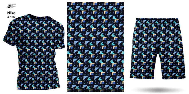 A blue and black fabric with geometric designs from Amrita Fashions perfect for creating unique clothing