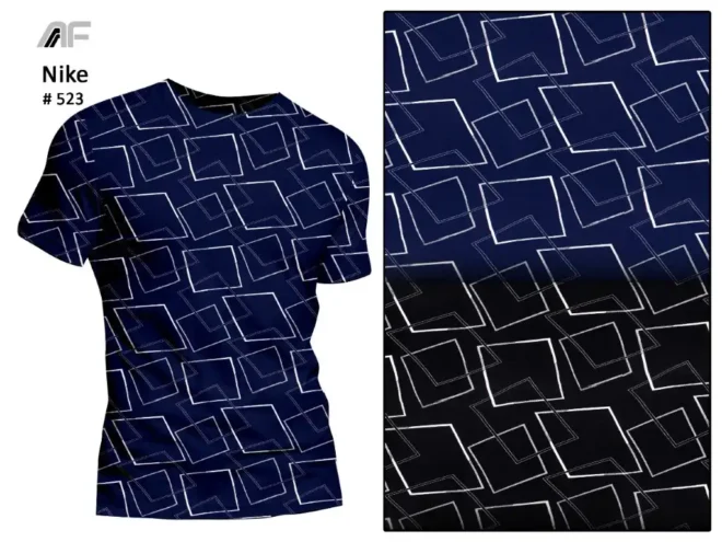A dark blue fabric featuring an intricate white geometric pattern designed by Amrita Fashions