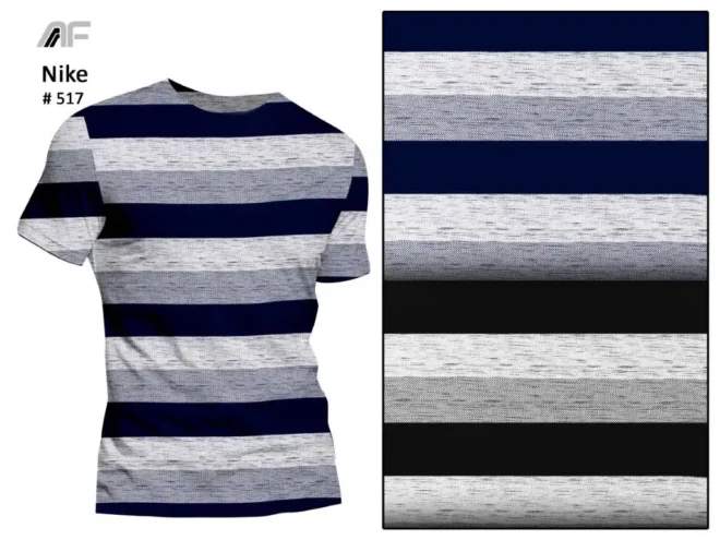 A fabric featuring horizontal stripes in dark blue and greyish white designed by Amrita Fashions