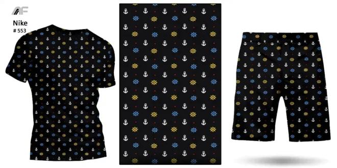 A black fabric with colorful nautical designs from Amrita Fashions perfect for creating unique clothing