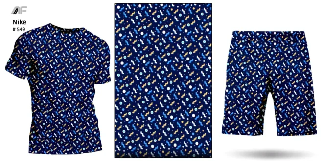 A dark blue fabric with star-like designs from Amrita Fashions, perfect for creating unique clothing.