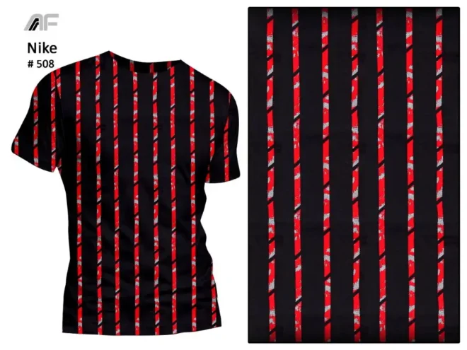 A black fabric with red and white intricate striped patterns by Amrita Fashions