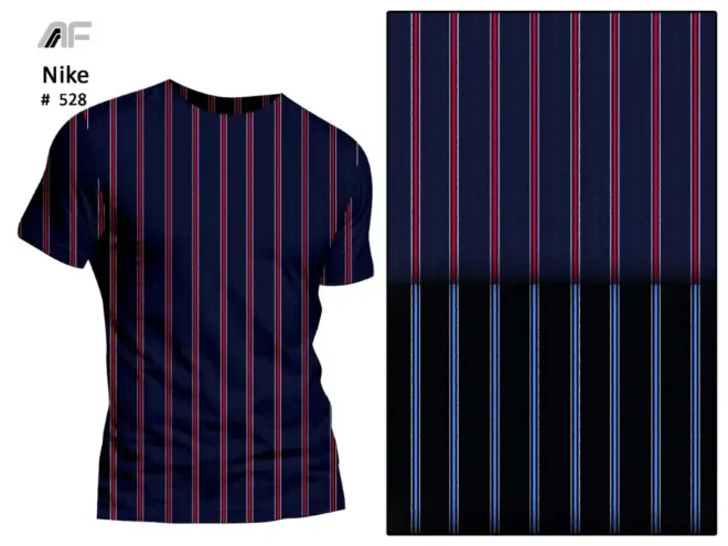 A dark blue fabric featuring thin red and white stripes designed by Amrita Fashions