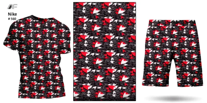 A striking red and black design fabric from Amrita Fashions, perfect for creating standout fashion pieces.knit
