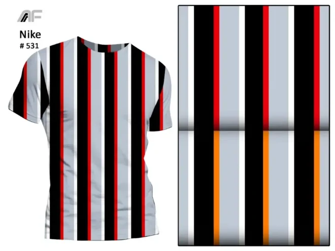A fabric featuring a vertical striped pattern in black, red, white, and grey, designed by Amrita Fashions.