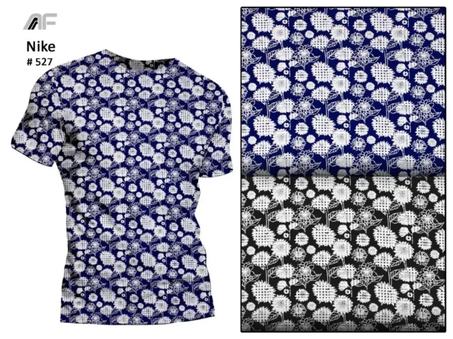 A rich blue fabric adorned with intricate white floral patterns designed by Amrita Fashions